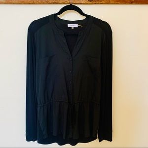 CLEARANCE Calvin Klein—Button Down Blouse, Drop Waist Tie (Black, Medium)